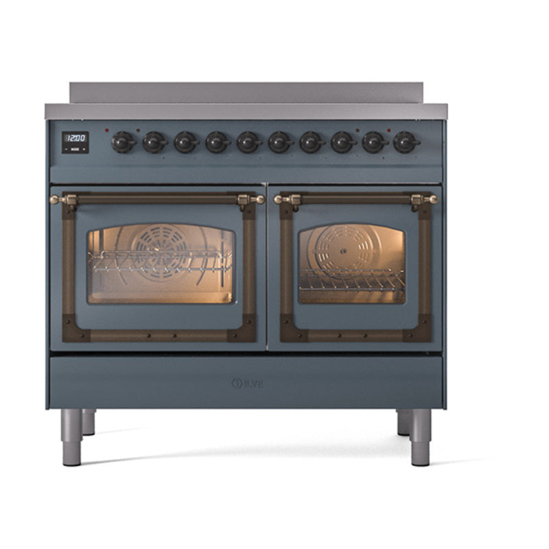 Blue grey induction range with bronze trim; two ovens with glass doors and knobs