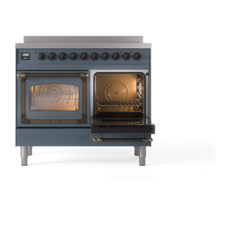 Blue grey induction range with bronze trim; right oven door open, left glass door closed