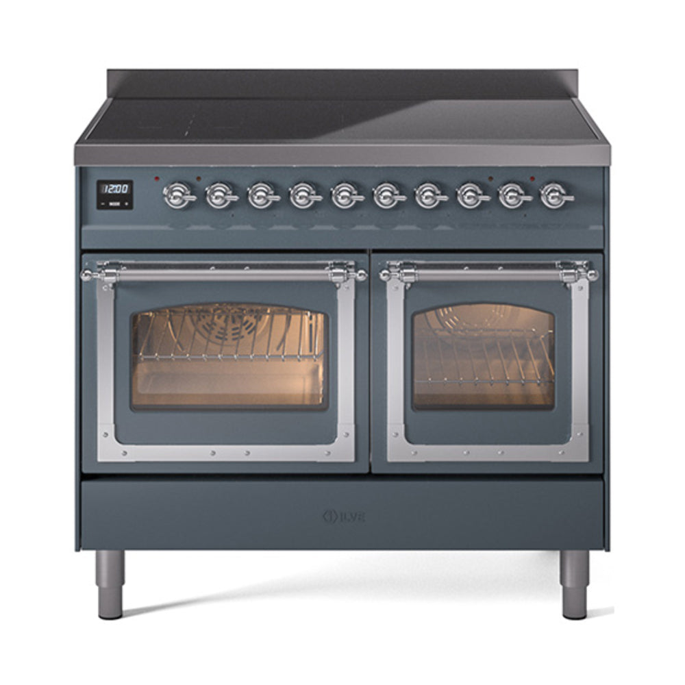 Front view of blue-gray induction range with two glass oven doors and chrome trim
