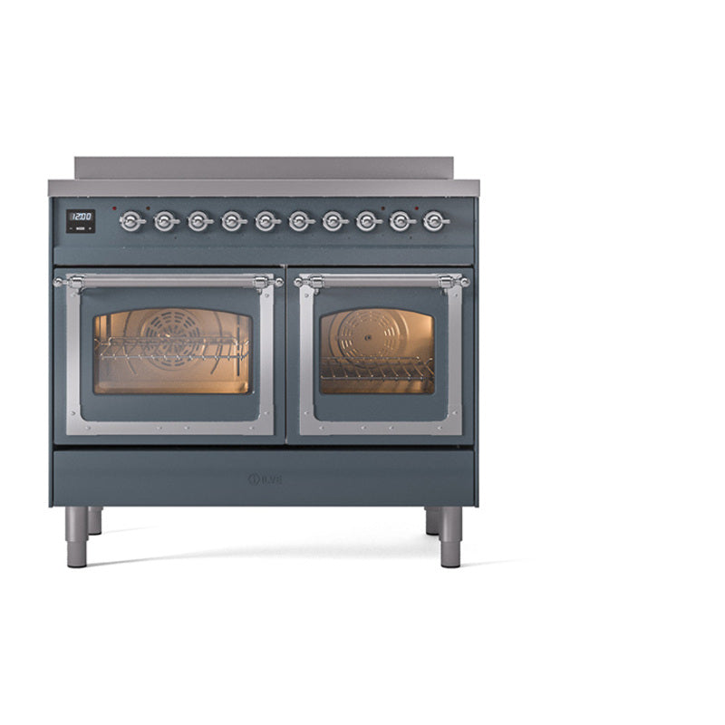 Freestanding induction range in blue-gray with two glass oven doors and chrome trim