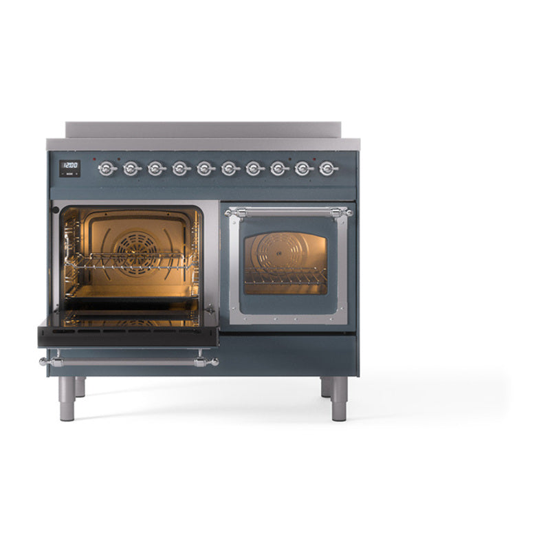 Blue-gray induction range with left oven open and right glass oven door closed