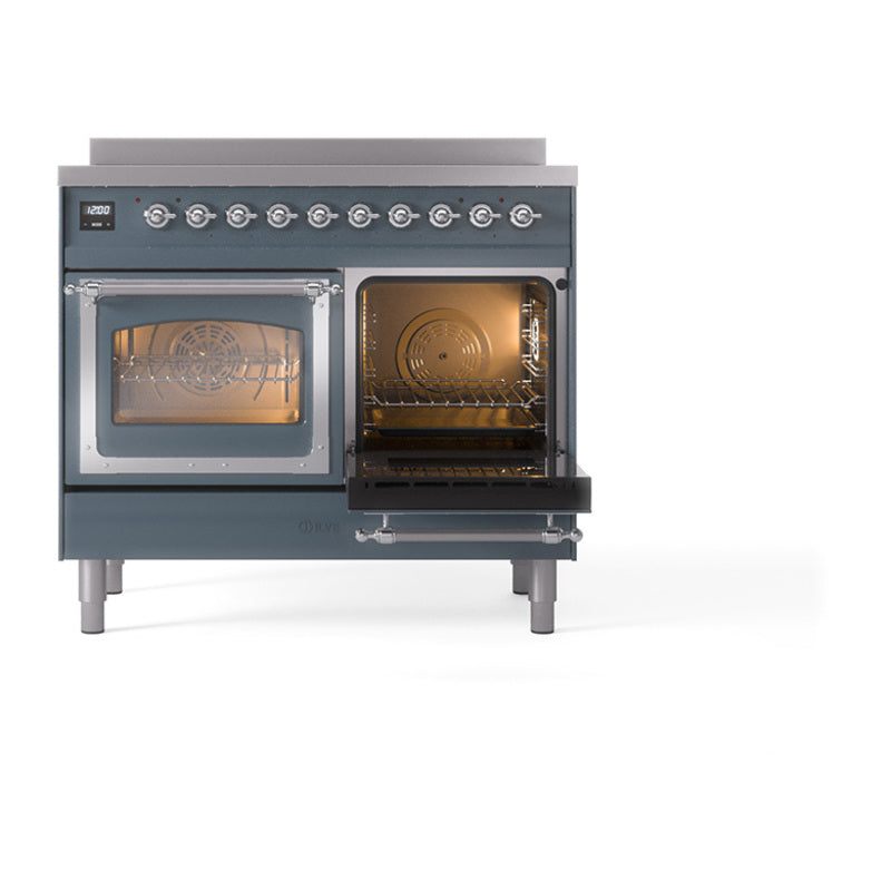 Induction range front with right oven open and left glass oven door visible