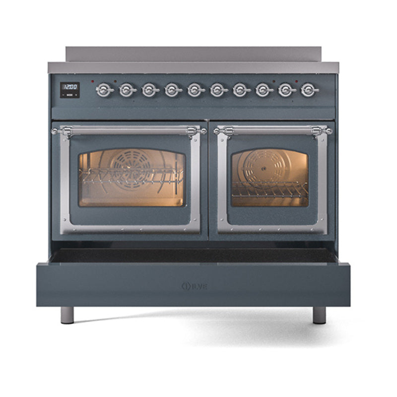 Blue-gray induction range with two closed glass oven doors and chrome control knobs