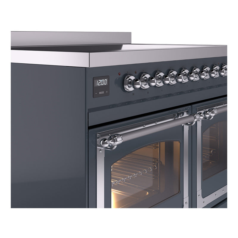 Side view of induction range with oven door window and chrome control knob row