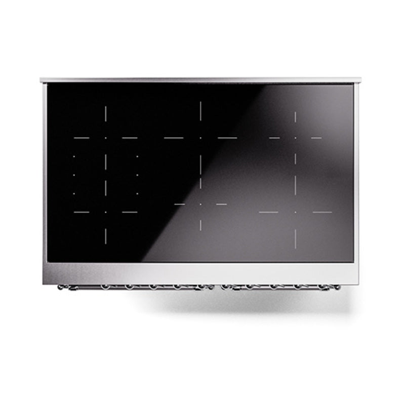 Induction range black glass top with zone markings and control layout lines