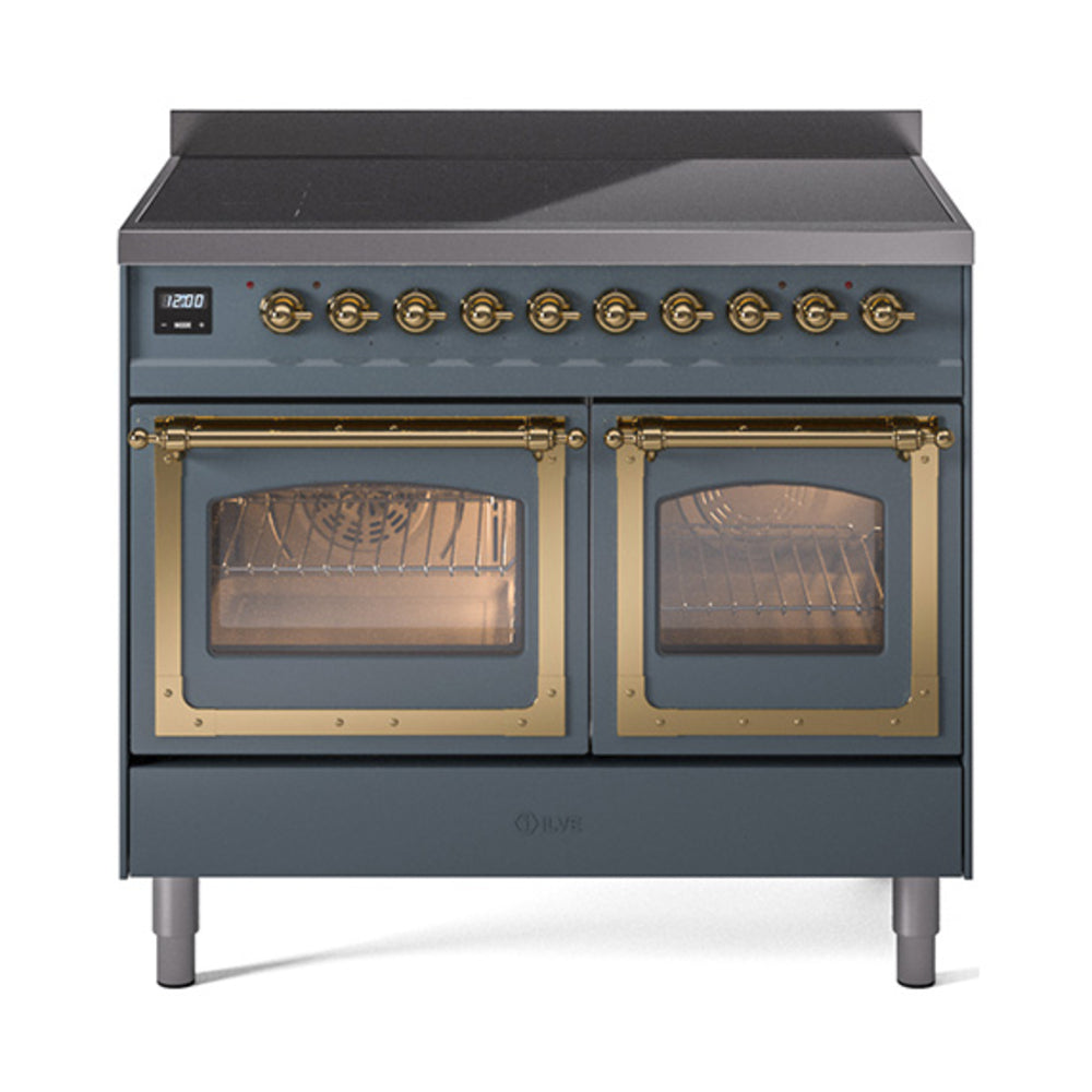 Blue grey induction range with two glass oven doors and brass trim, front view