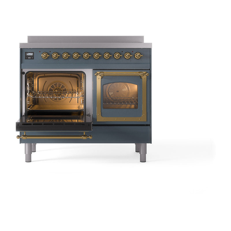 Blue grey induction range with left door open and right glass door, brass trim