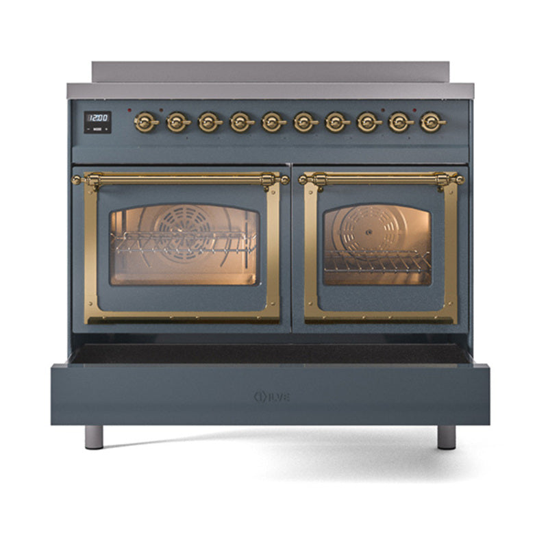 Blue grey induction range with double glass doors, both ovens open, brass trim front