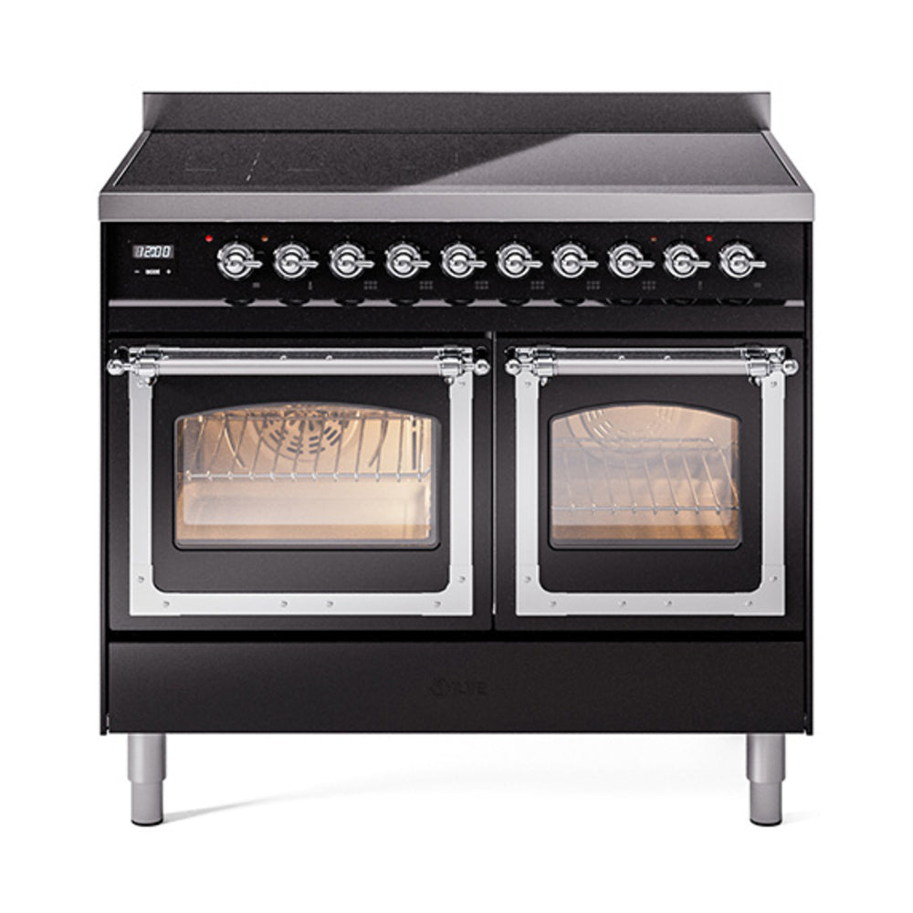 Glossy black induction range with two lit oven windows and control knob panel