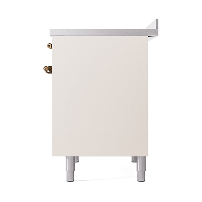 Antique white oven side panel detail with bronze corner hardware and leveling legs