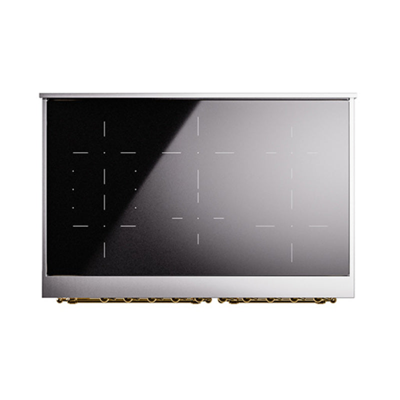 Black induction cooktop with white power zone markings