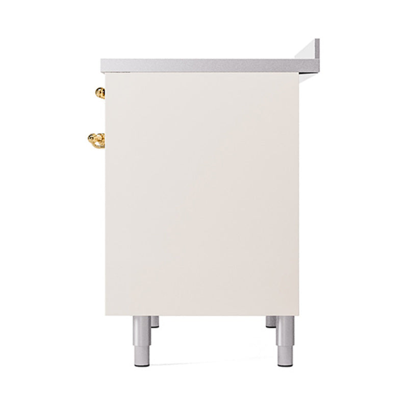 Antique white oven range side panel with brass accents and four adjustable feet
