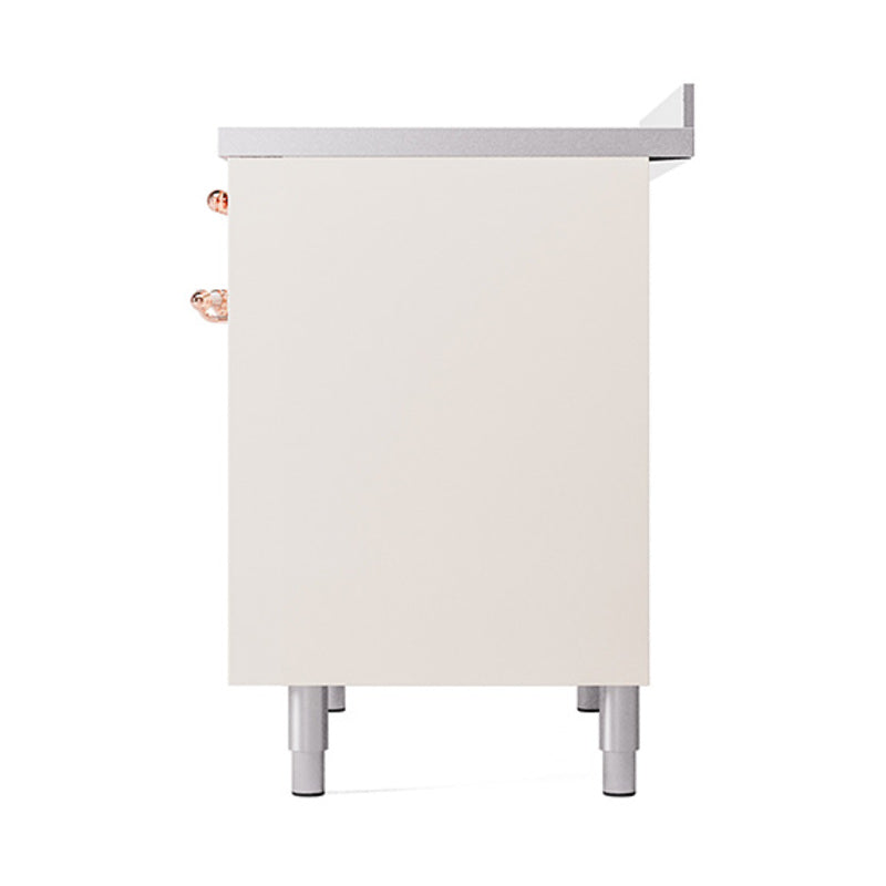 Antique white side panel of induction range with copper accents and four leveling feet