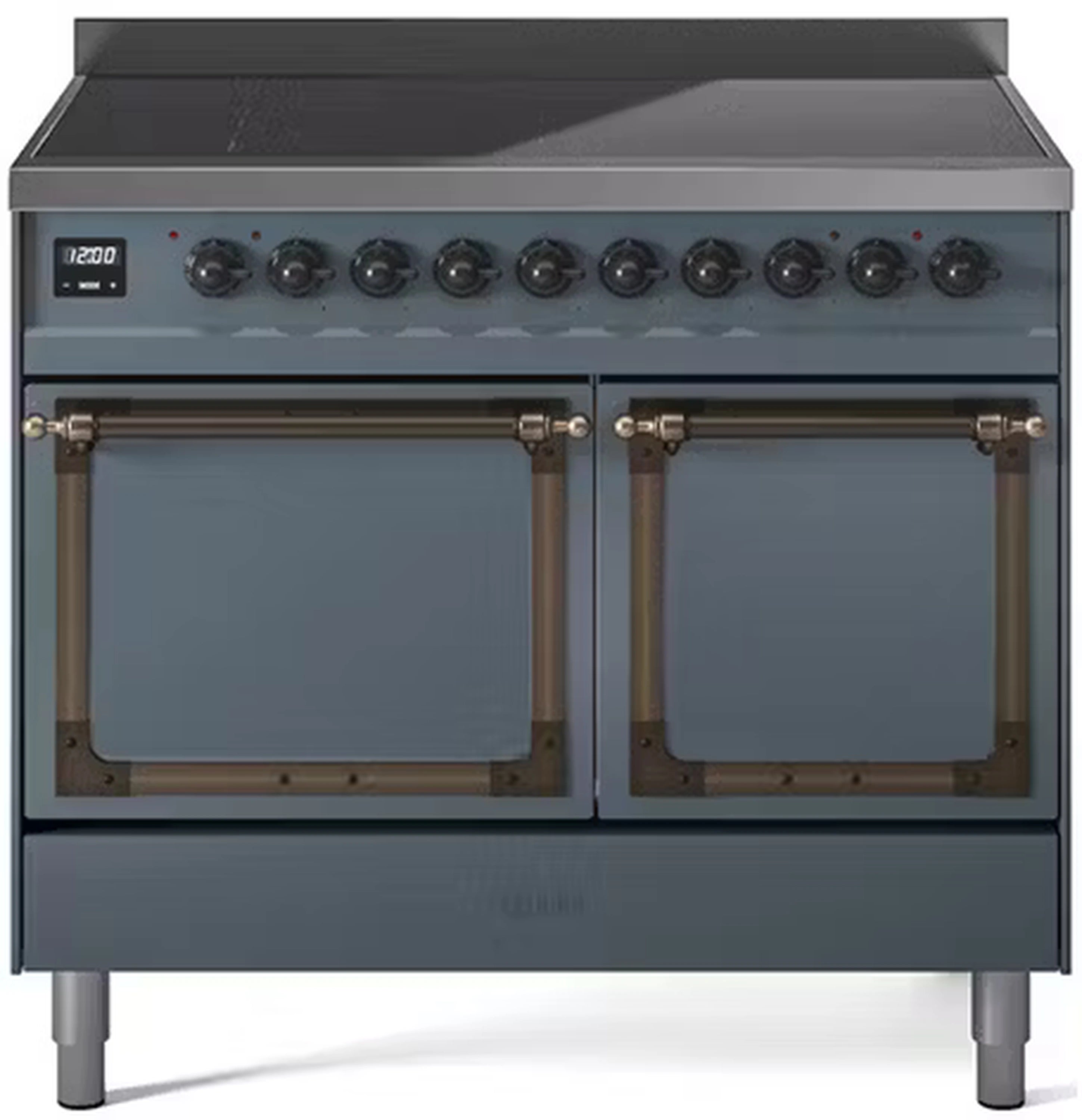 Blue-grey induction range with bronze-trimmed solid oven doors and control knobs