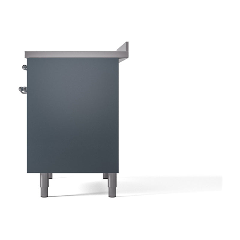 Blue grey solid oven door panel with chrome hinges and corner trim
