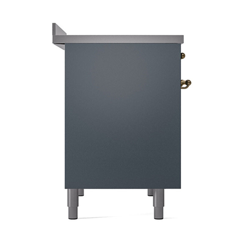 Blue-grey range back panel with brass hinges and four leveling feet