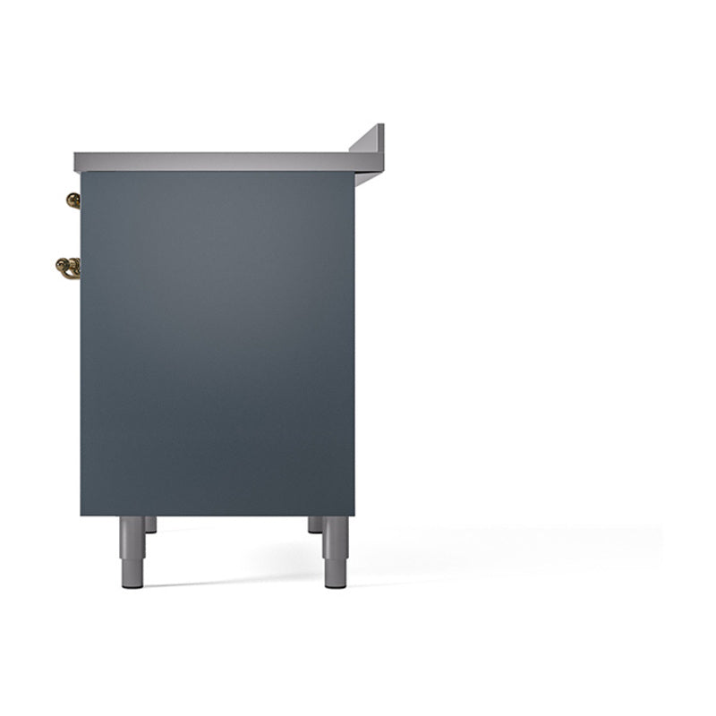 Blue-grey range side panel with brass hinges and four leveling feet