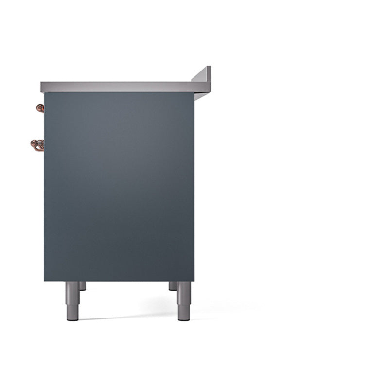ILVE induction range side panel, blue gray with copper detail and legs
