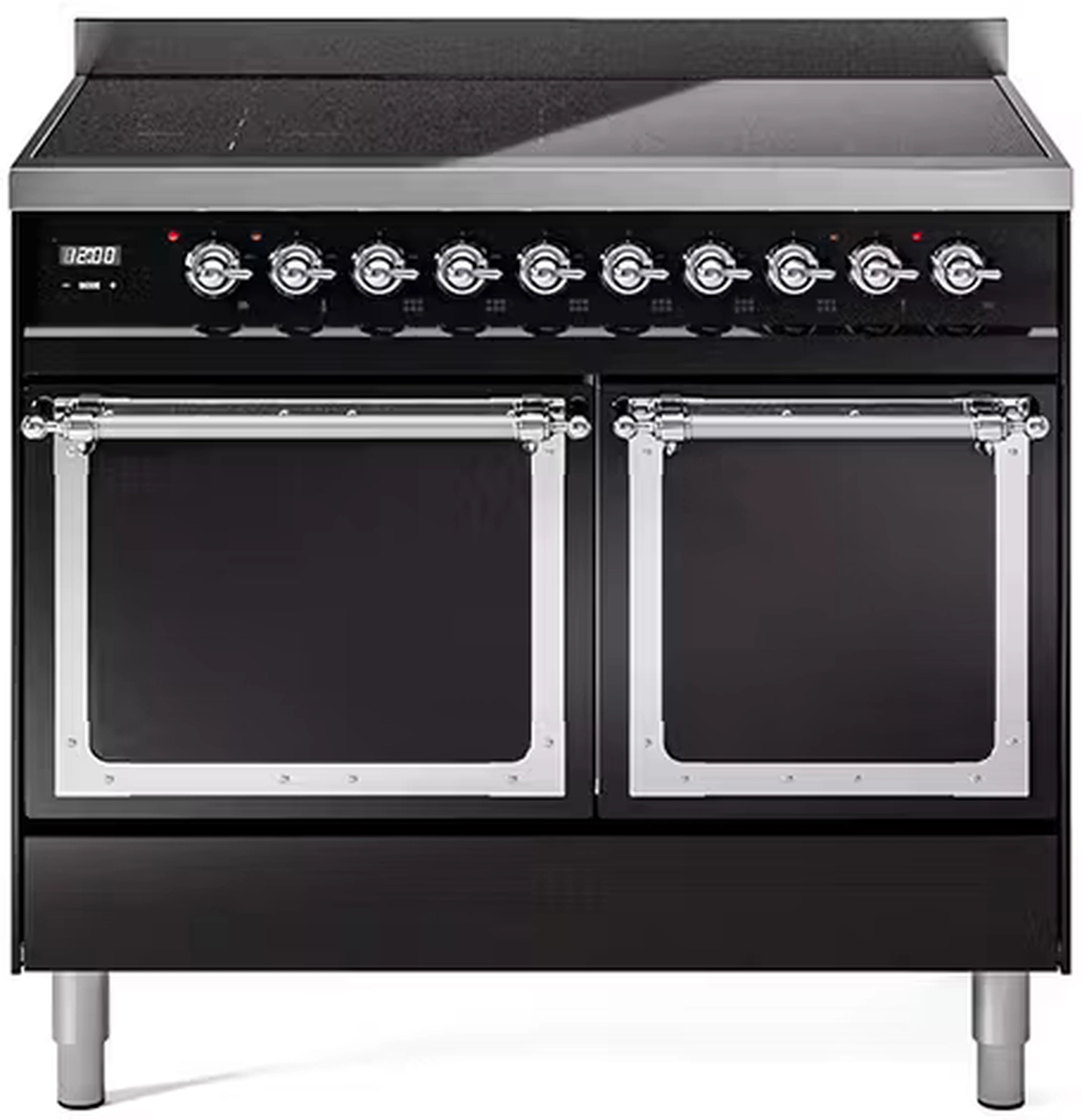 Glossy black induction range with chrome-trimmed double oven doors and control panel
