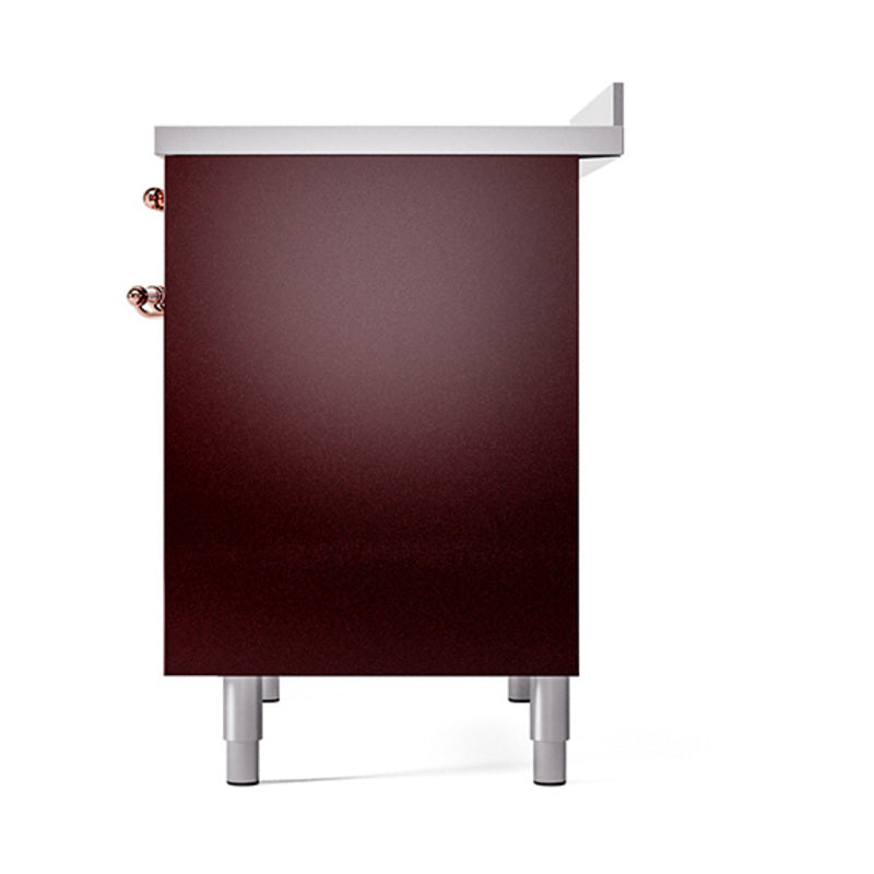 Burgundy solid oven door with copper side handles and leveling feet