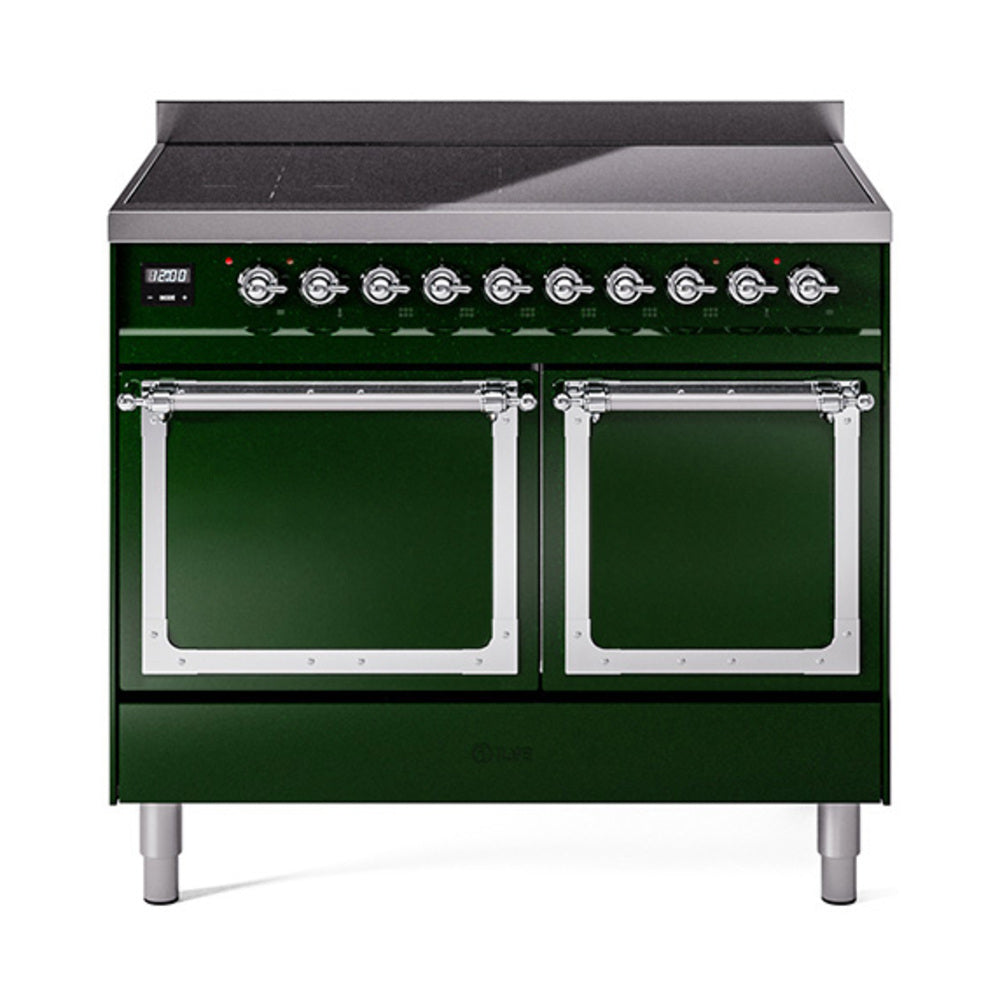 Emerald green induction range front with two oven windows, chrome trim, and control knobs