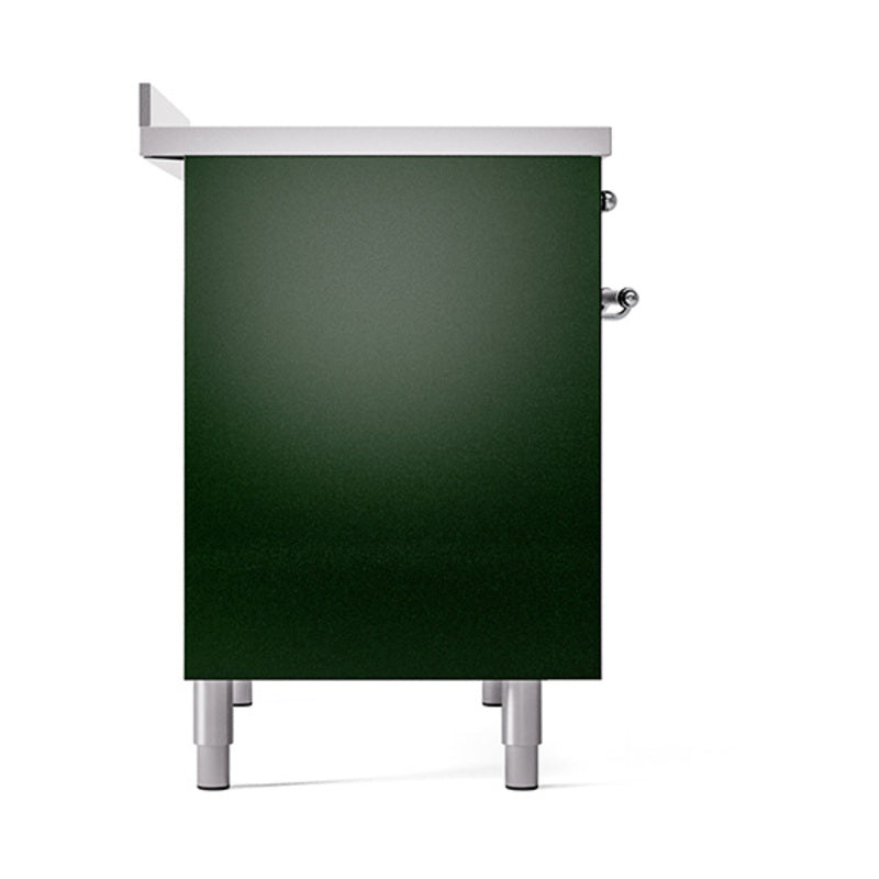 Emerald green solid oven door panel on chrome-trimmed range with two side knobs