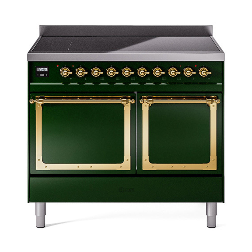 Emerald green induction range with two oven doors and brass trim knob row