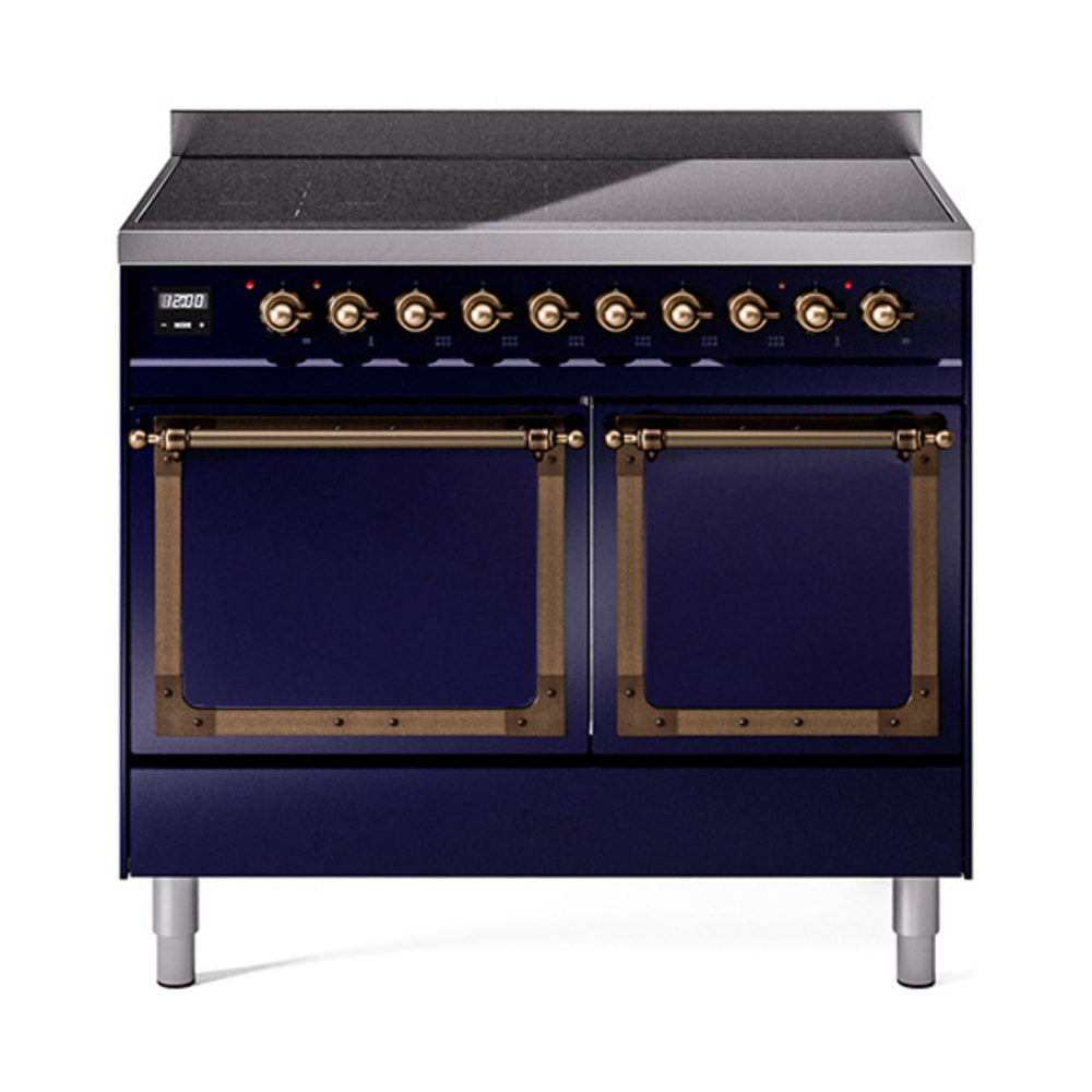 Midnight blue range with two oven doors, bronze knobs, and top control panel