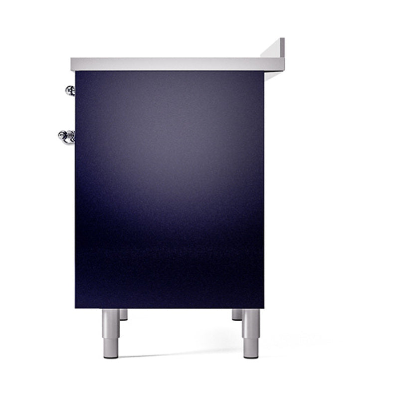 Midnight blue solid door oven with chrome side handles and metal legs