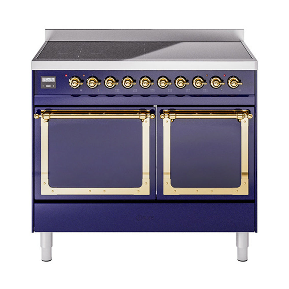 Midnight blue induction range with two closed oven doors and brass knobs