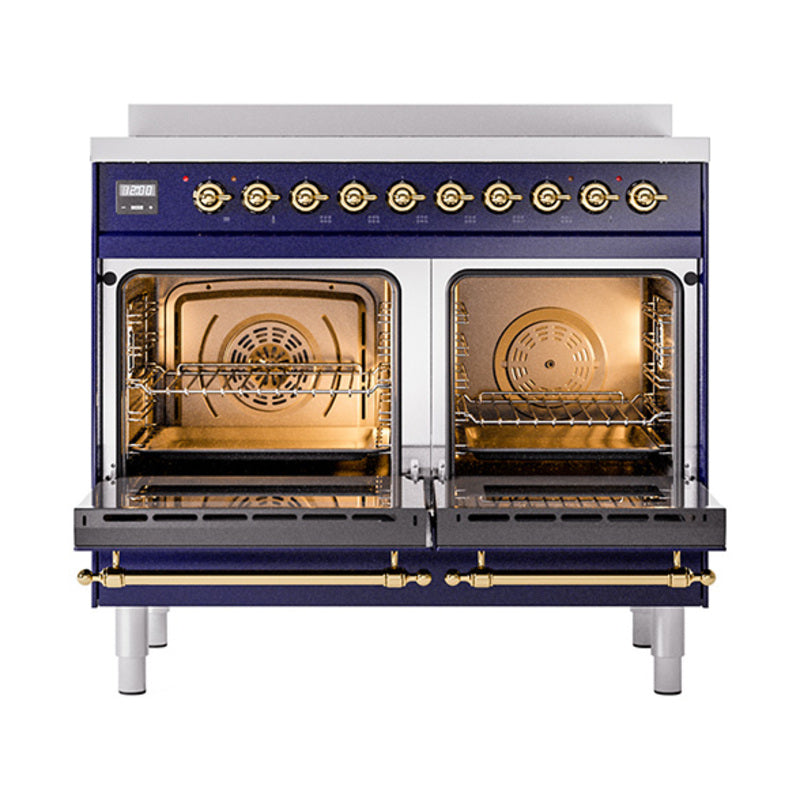 Midnight blue induction range with two open oven doors and brass trim
