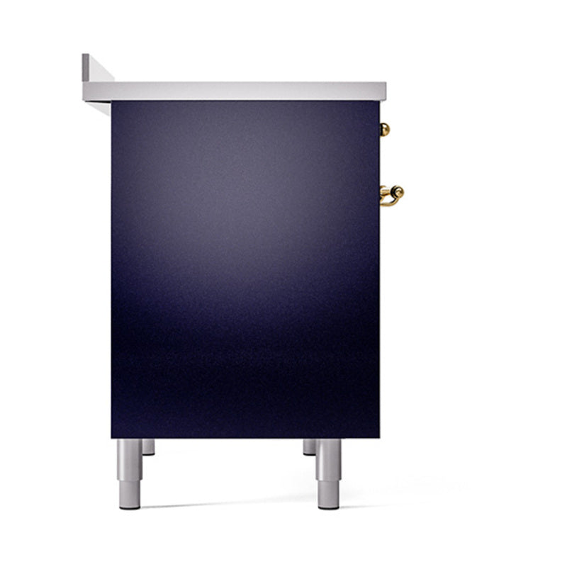 Midnight blue range with solid oven door and brass handle accents