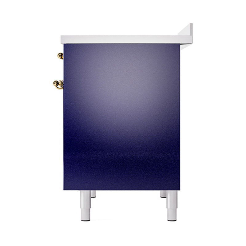 Midnight blue range with solid oven door and brass hinge accents