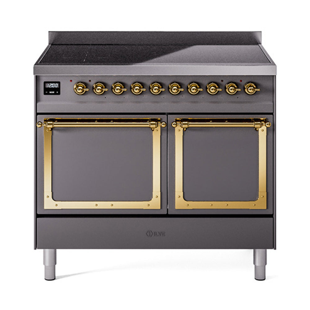 Induction range with two open oven doors, brass control knobs, and matte graphite finish