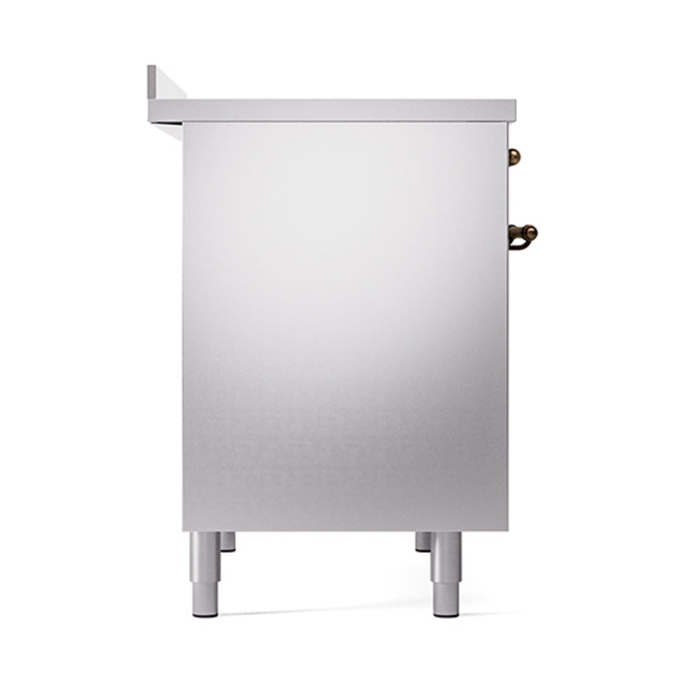 Stainless steel induction range side view with bronze trim accents and four legs
