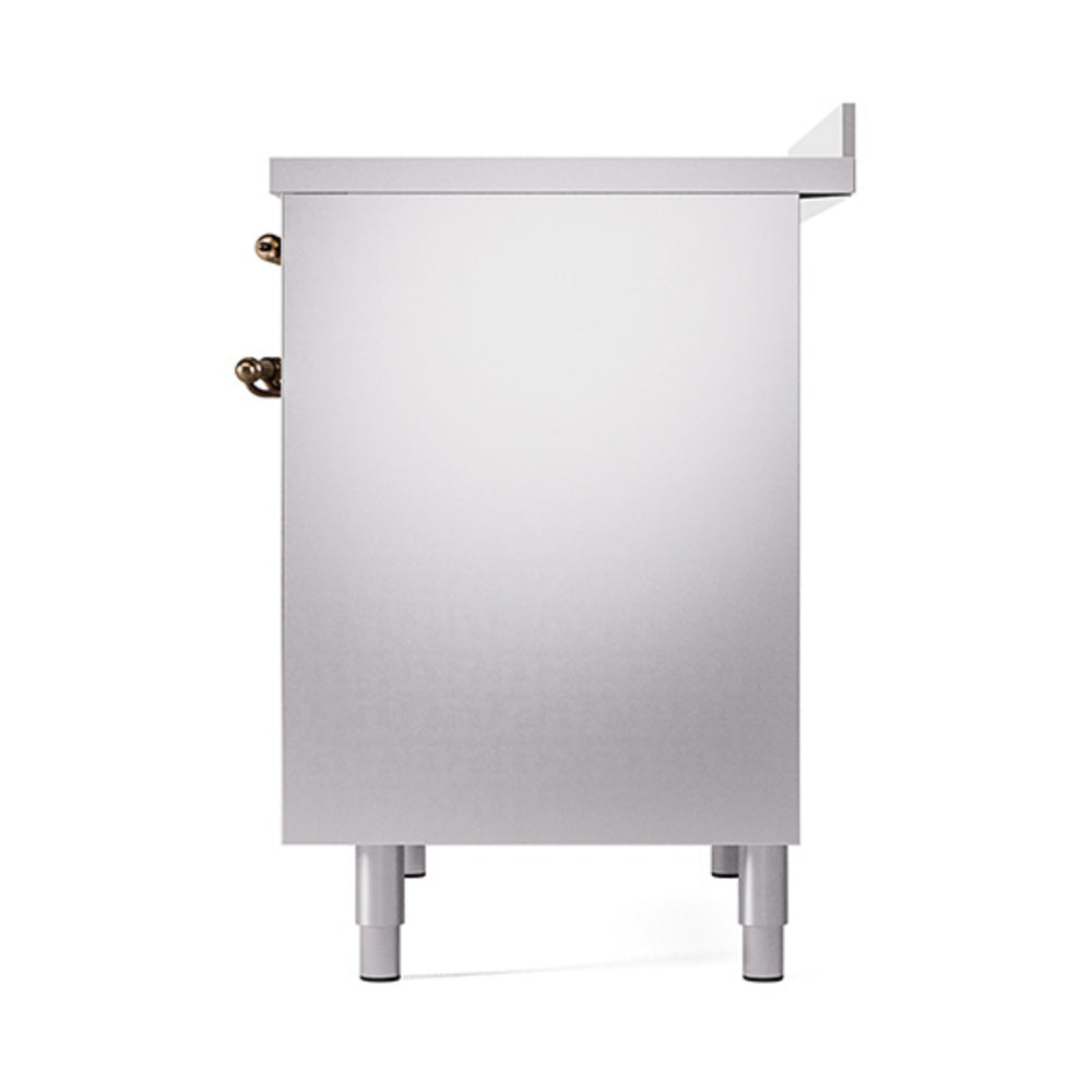 Stainless steel induction range back corner view with bronze trim and stable legs