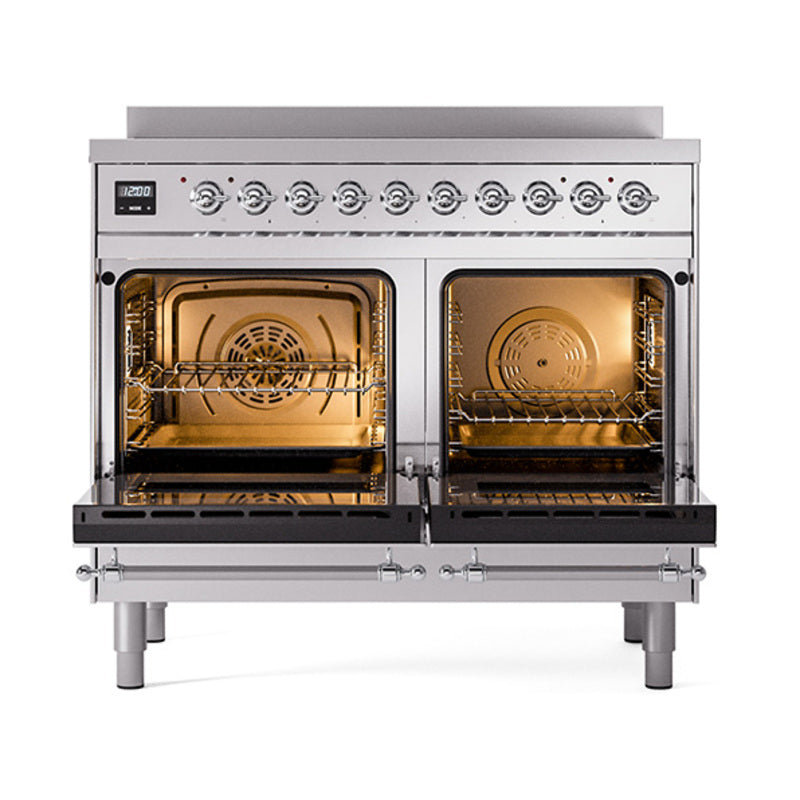Stainless steel induction range with two open ovens and chrome-trim doors