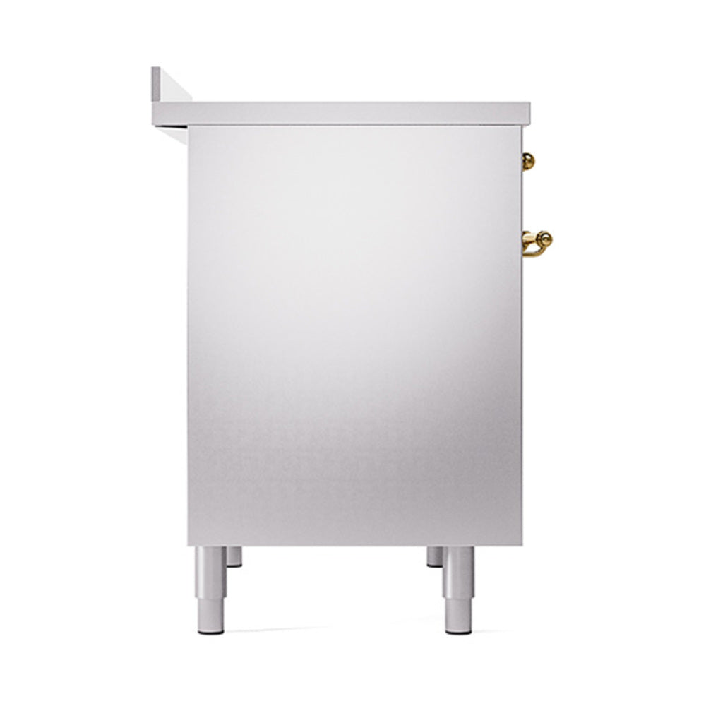 Stainless oven doors with brass hinges and leveling legs on a freestanding range