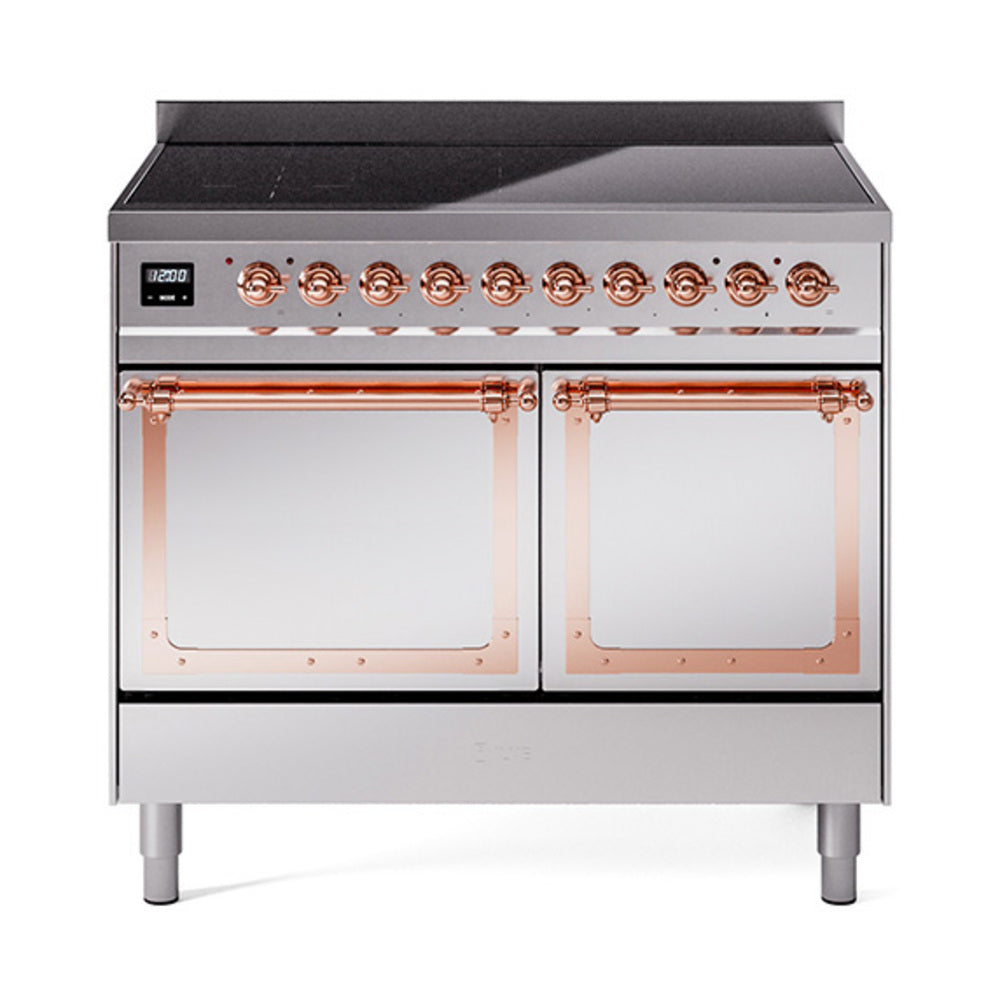 Stainless steel induction range with control knobs, black cooktop, copper-trim oven doors