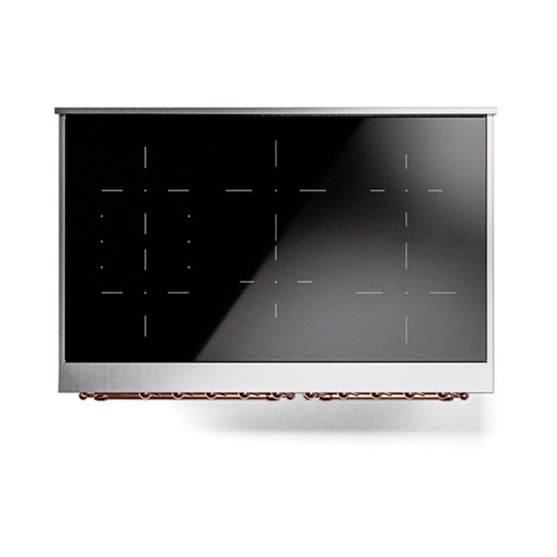 Stainless steel induction range side panel with dark glass window and indicator markings