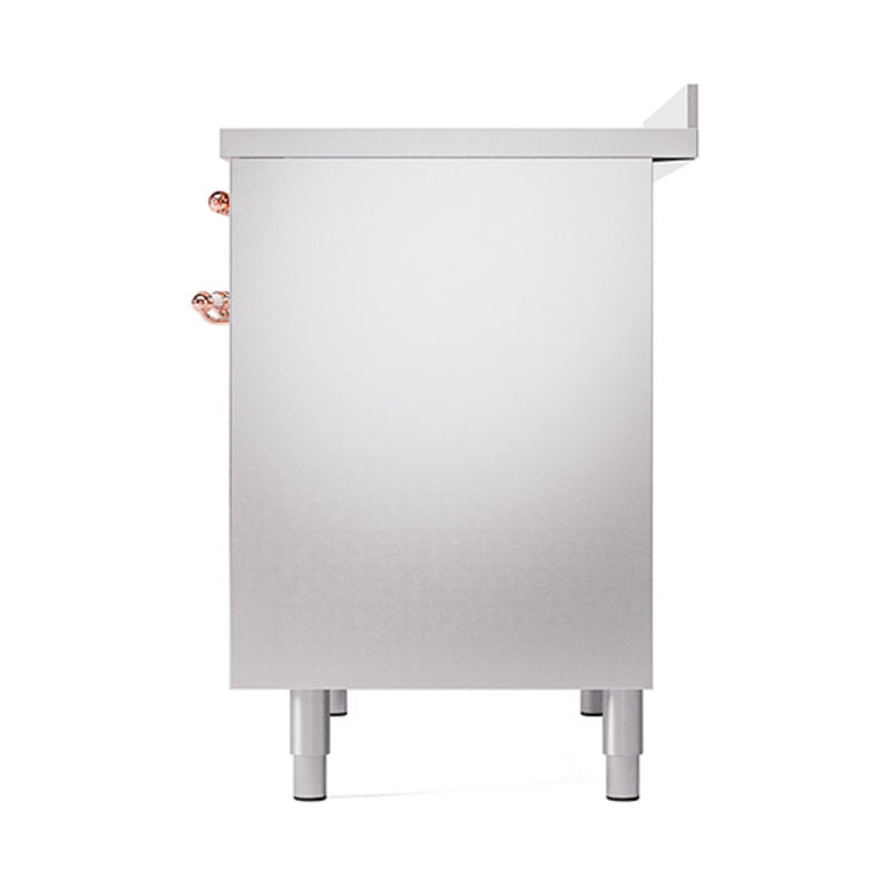 Solid oven door panel for stainless steel induction range with copper trim handles