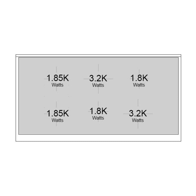 Induction range spec label showing 1.85K, 3.2K, and 1.8K Watts for burners