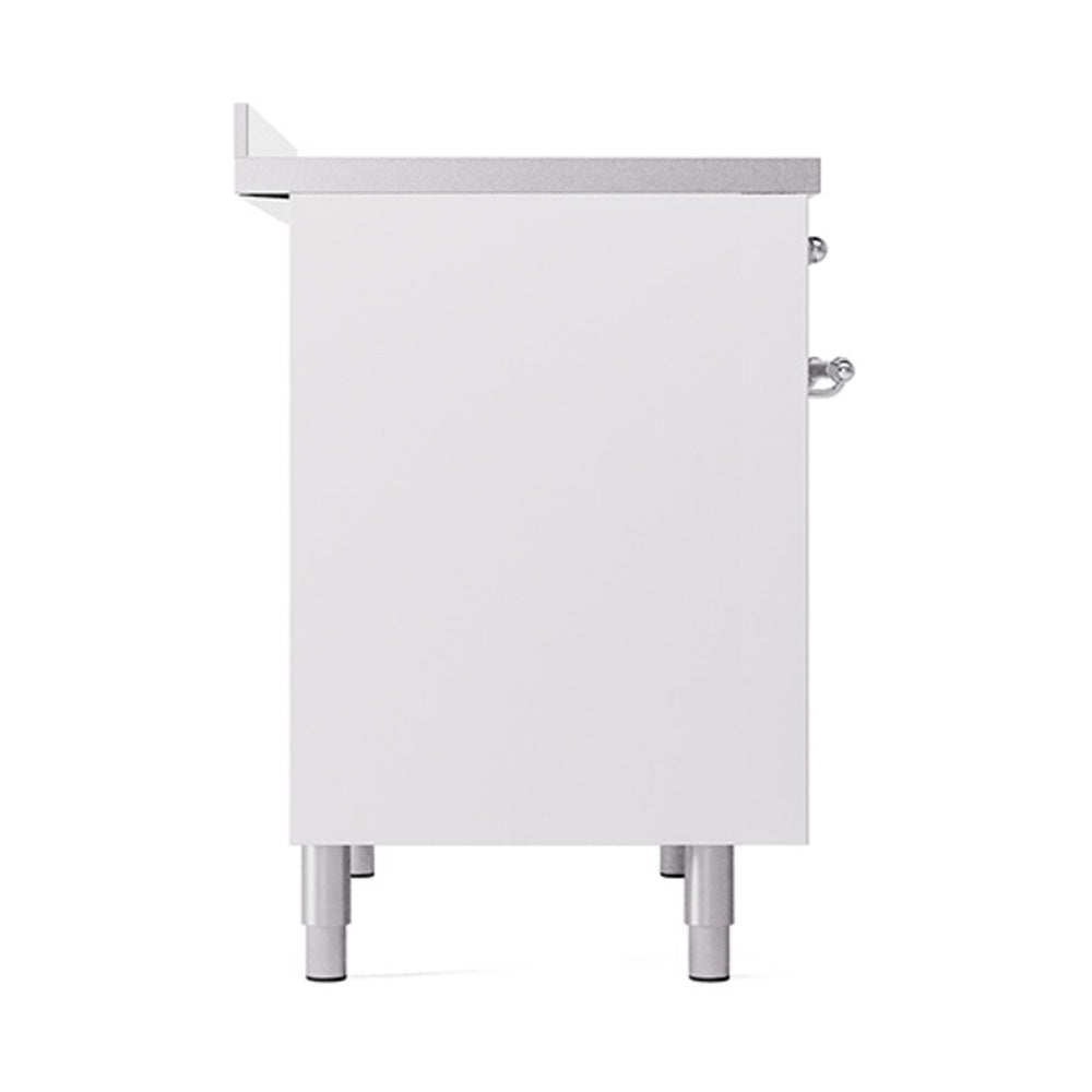 White oven cabinet with side handle and four leveling legs, chrome accents