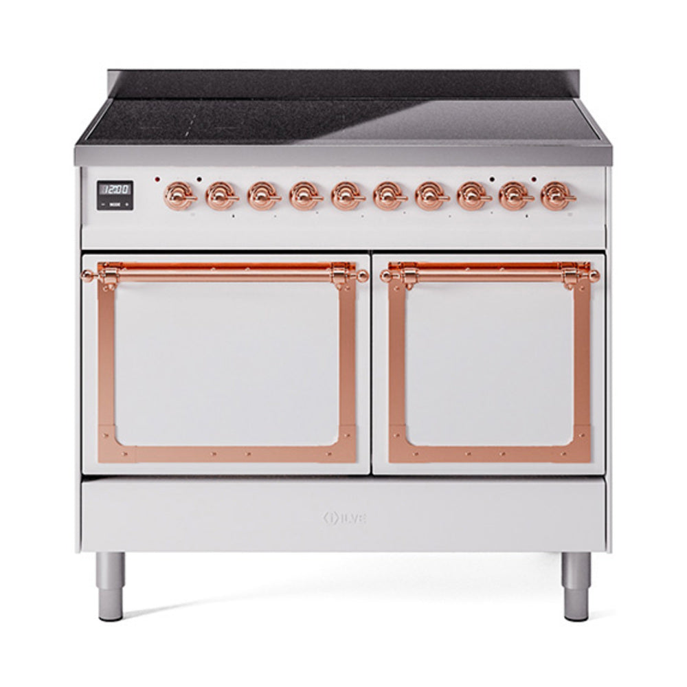 White induction range with two oven doors, copper trims, and black cooktop surface
