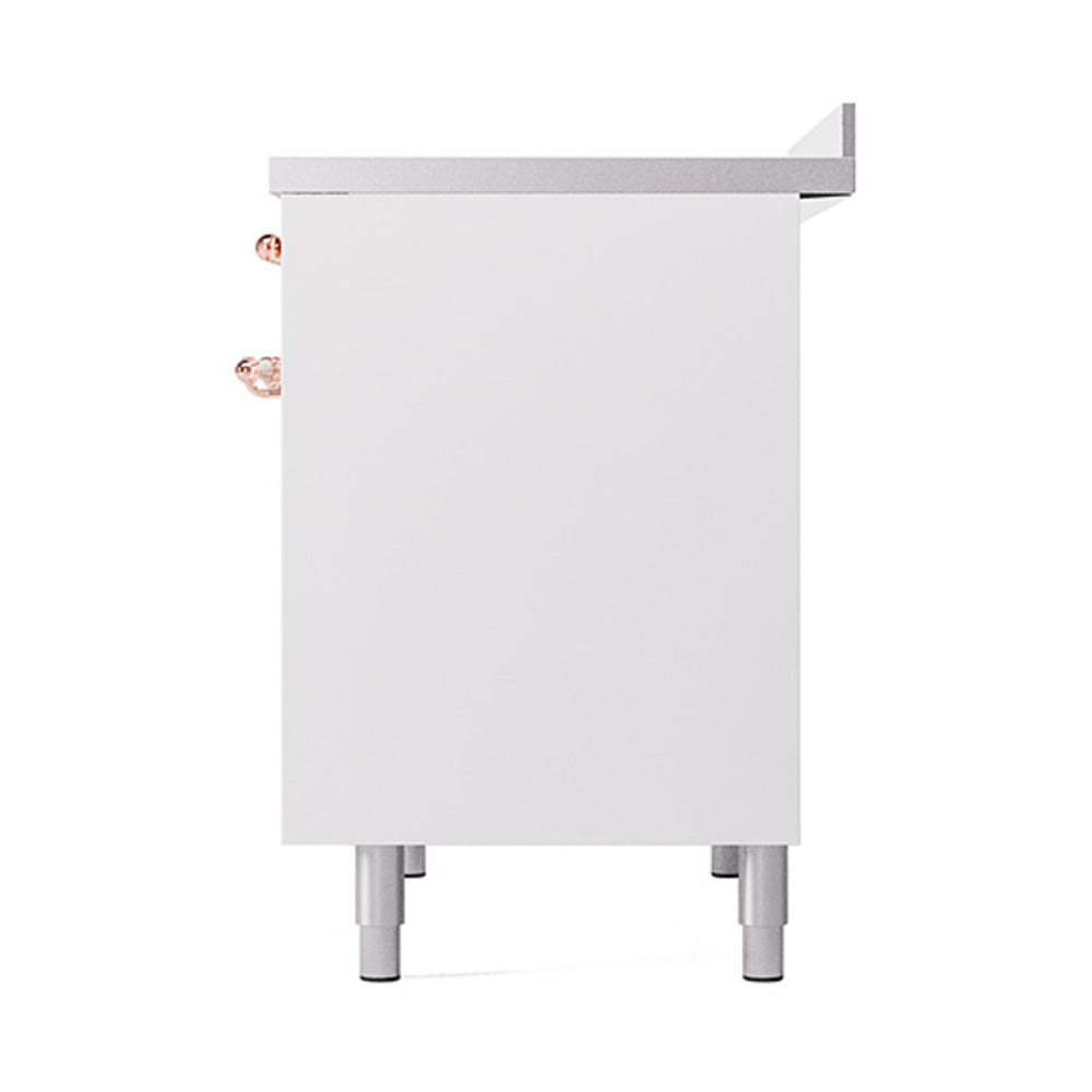 White solid oven side panel with copper handle details and gray leveling feet