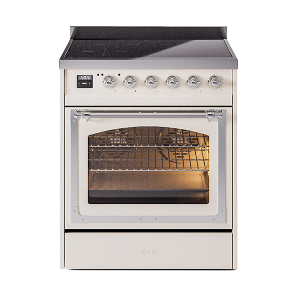 Antique white induction range with triple-glass oven door and chrome control knobs