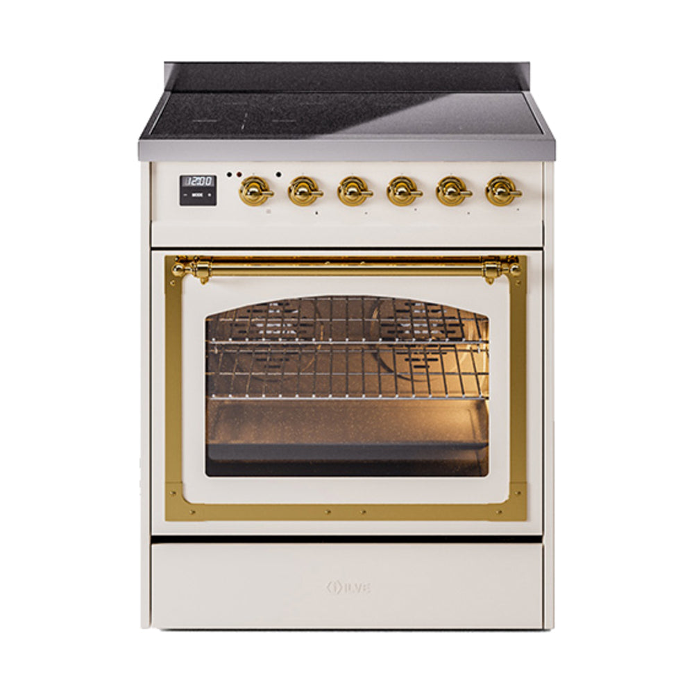 Antique white induction range with brass-trim knobs and oven with front window