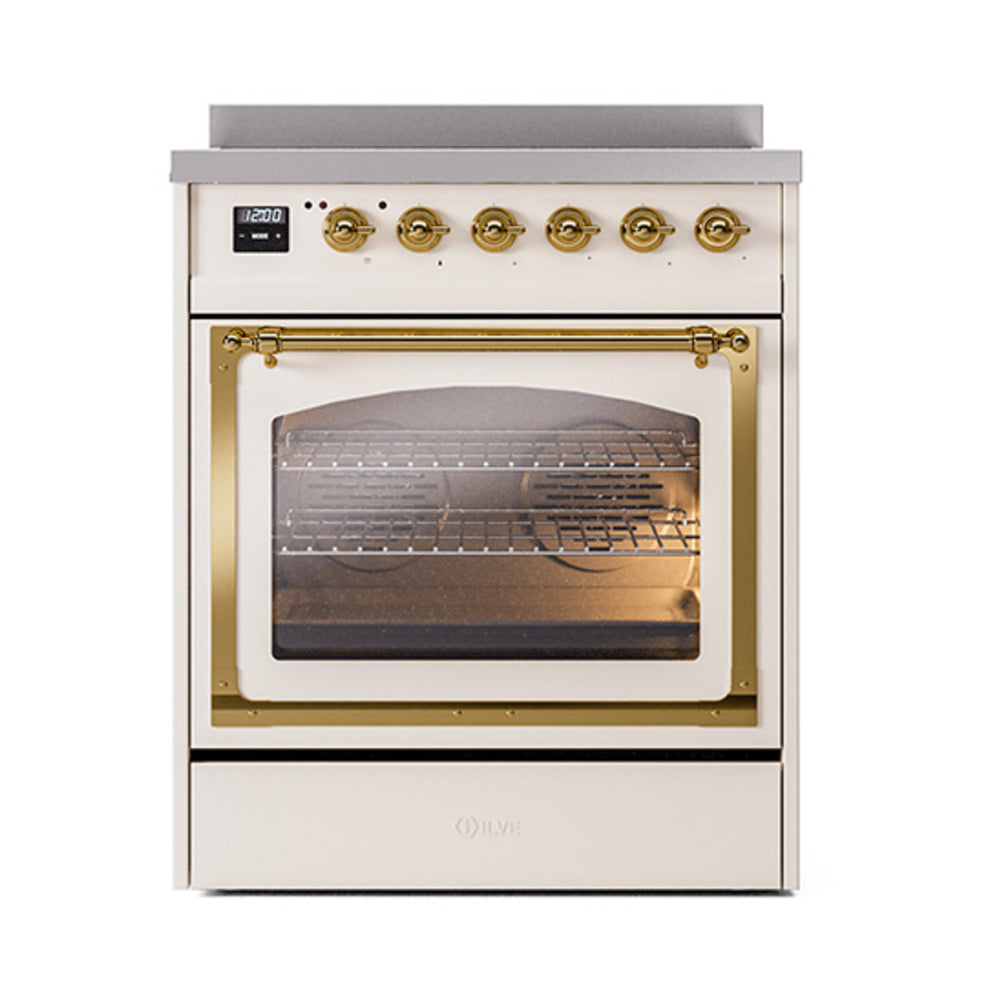 Antique white induction range with brass-trim controls and illuminated oven window