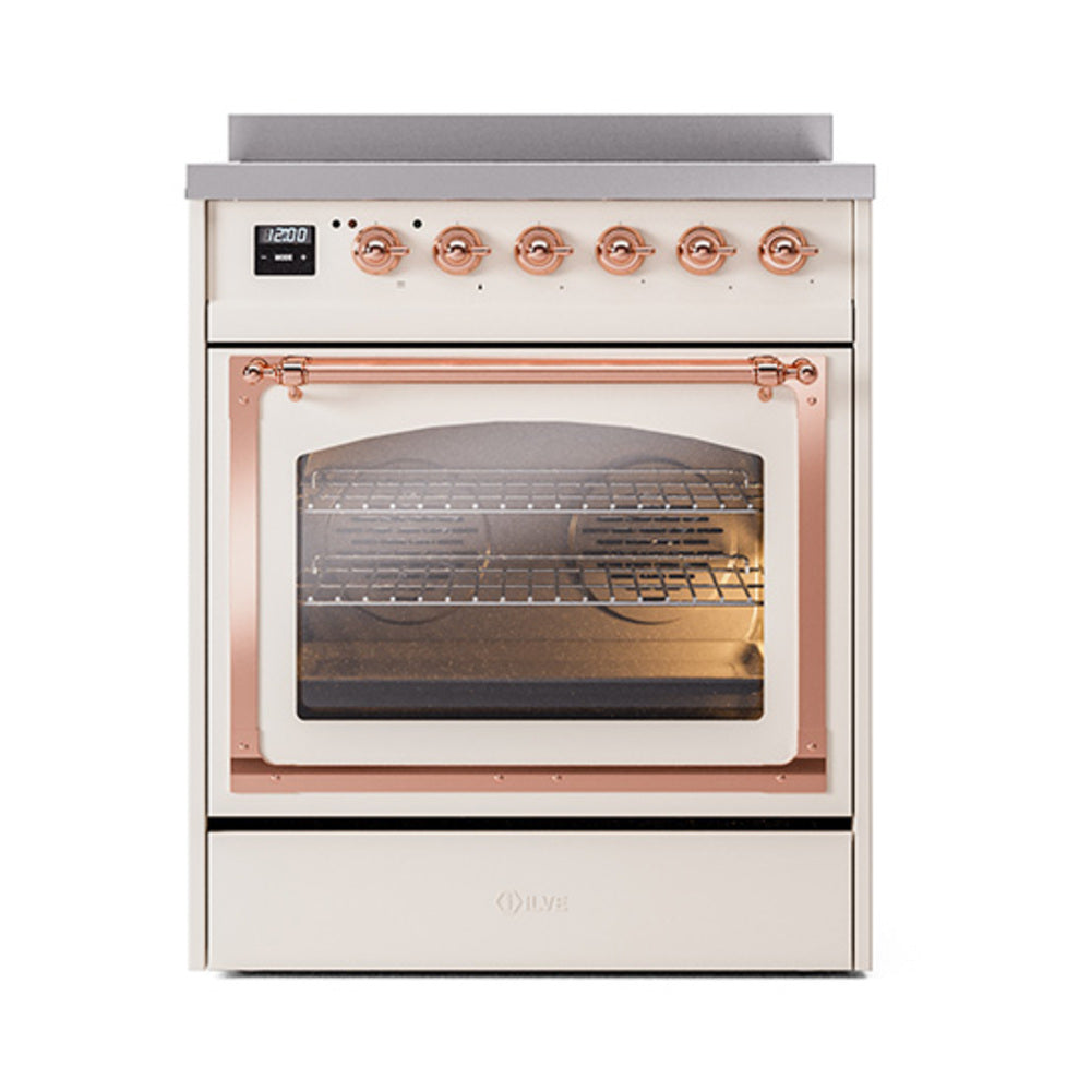 Antique white induction range with open oven door and copper-trimmed control knobs