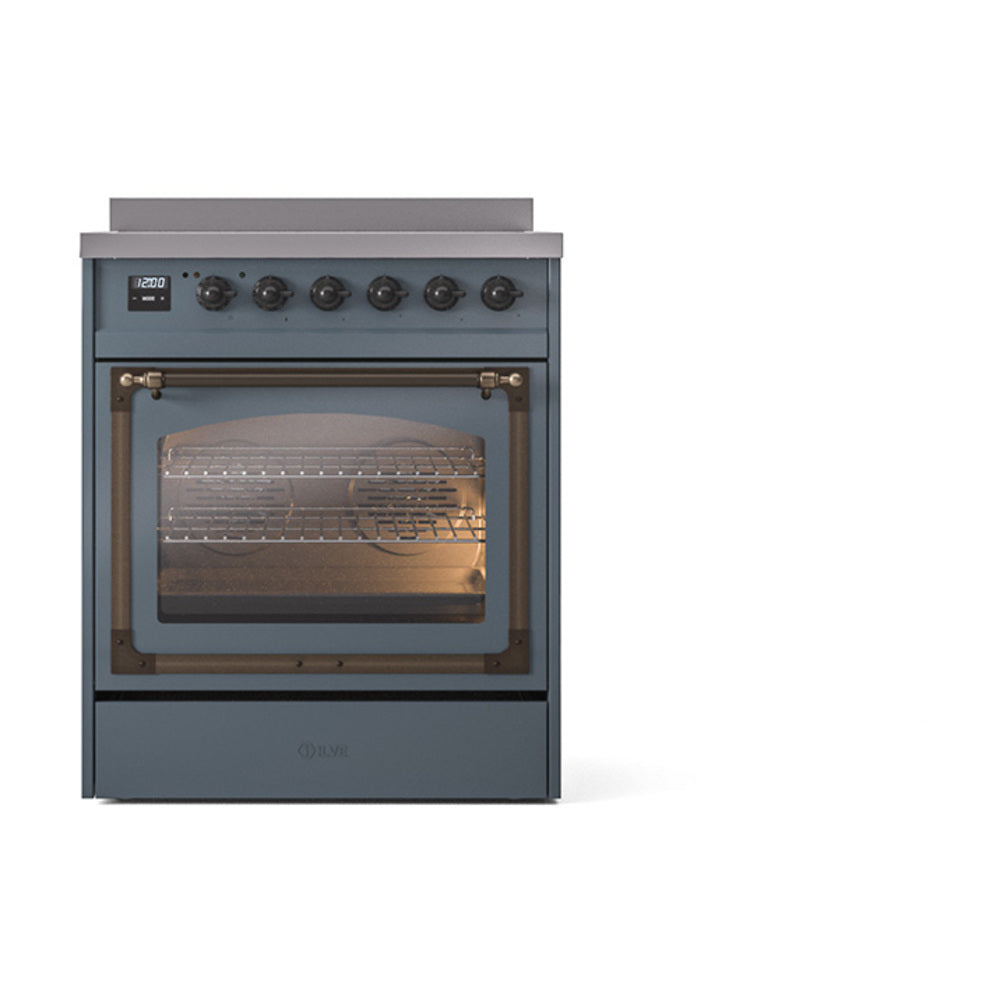 Blue-grey induction range with closed glass oven door and bronze handle, front view